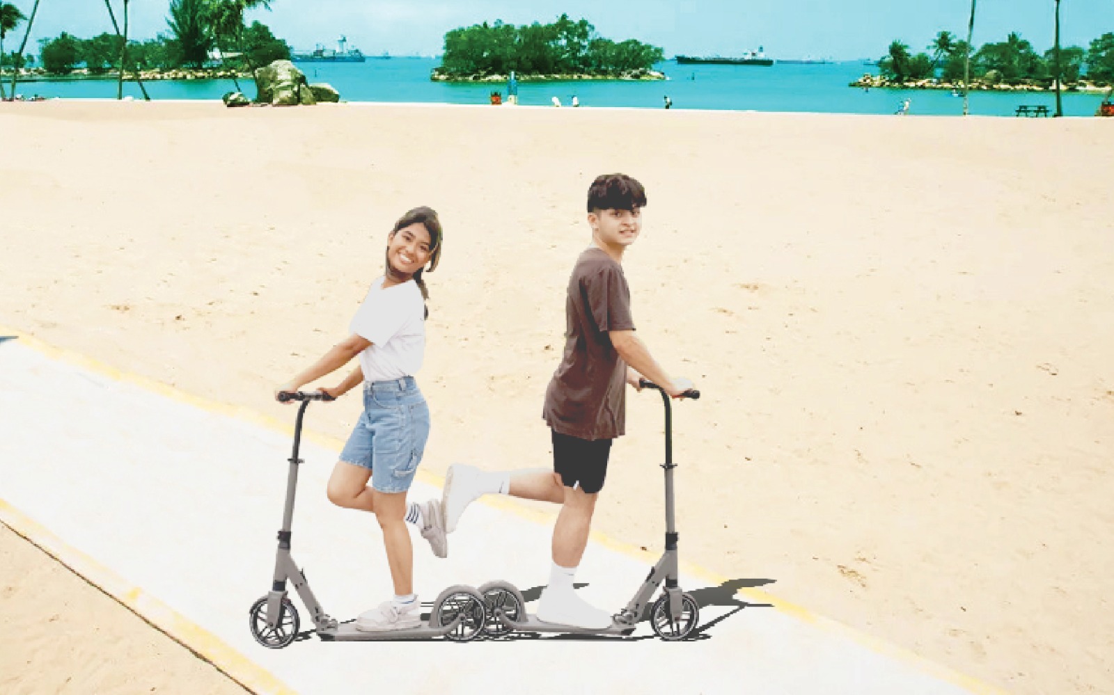 Couple enjoying themselves with kick scooter by the sea with Gogreen